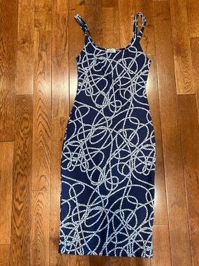 Zara Navy and White Rope-Print Tank Midi Dress
